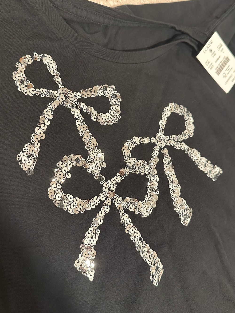 JCrew Collector Cotton Tee Black Sequin Bows Graphic T-Shirt Slim Fit Size Large - Picture 5 of 11